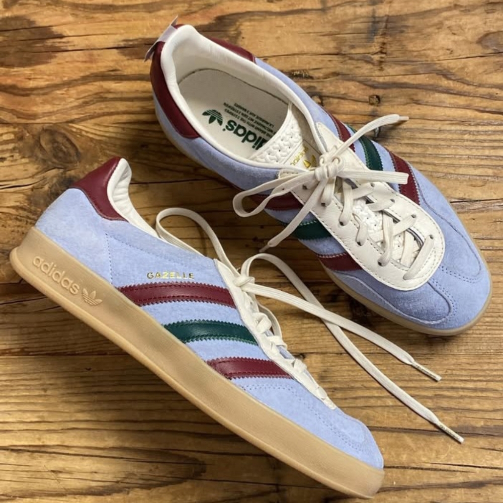 adidas Originals Gazelle Sneakers in Light Blue, Burgundy & Green